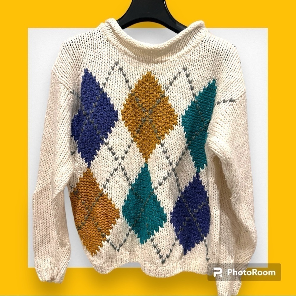 Nuggets Vintage Argyle Sweater Chunky Knit Mock Neck Medium